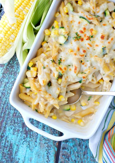 Chicken Penne Casserole with Corn and Zucchini