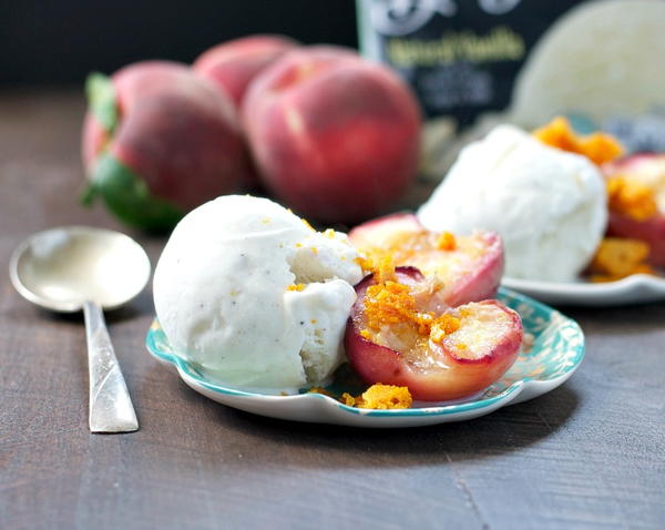 Roasted White Peaches with Honeycomb and Vanilla Ice Cream