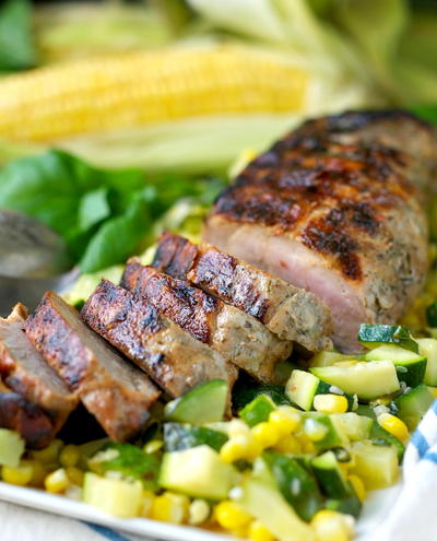 Grilled Garlic and Herb Pork Tenderloin with Zucchini and Corn