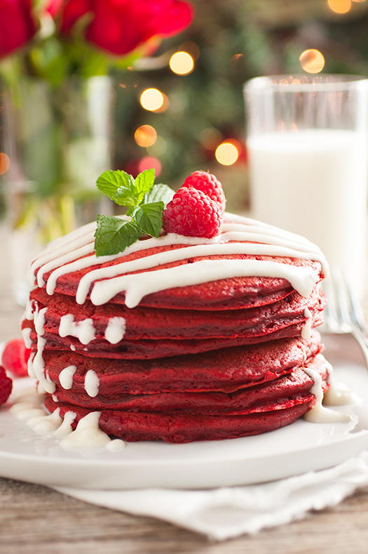 Red Velvet Pancakes with a Cream Cheese Glaze