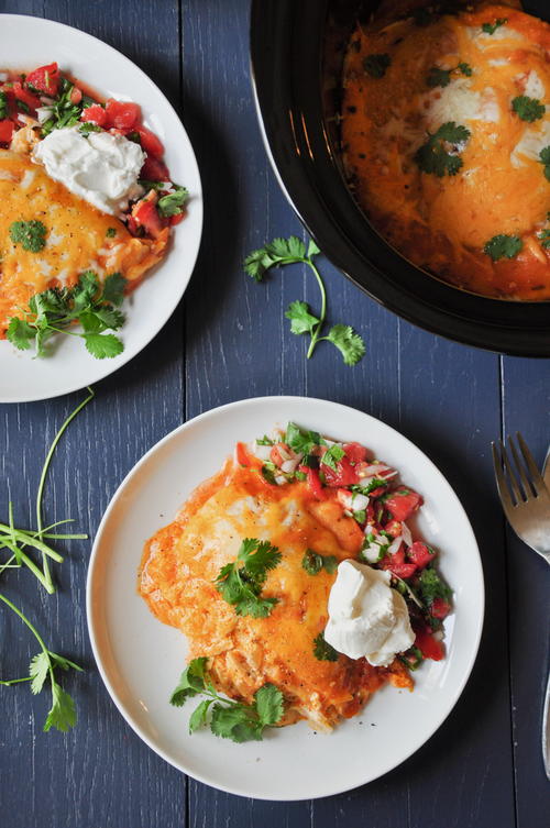 Slow Cooker Stacked Chicken Enchiladas