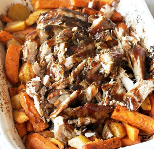 Slow Cooker Brown Sugar Balsamic Glazed Pork with Roasted Potatoes and Apples