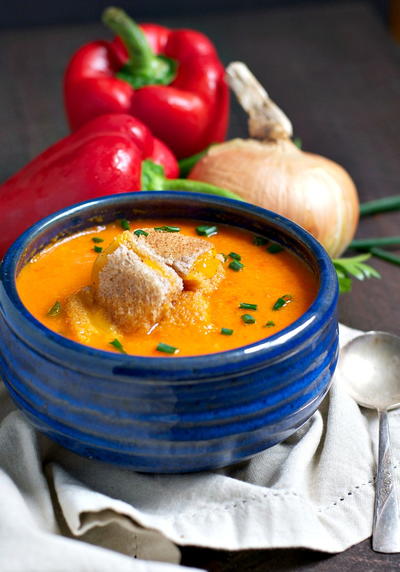 Red Pepper Soup with Grilled Cheese Croutons