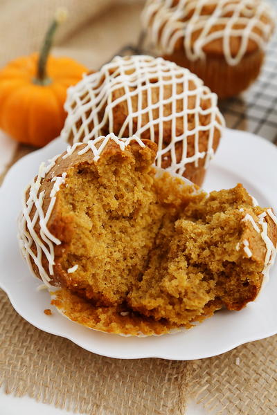 Vanilla-Glazed Pumpkin Gingerbread Muffins