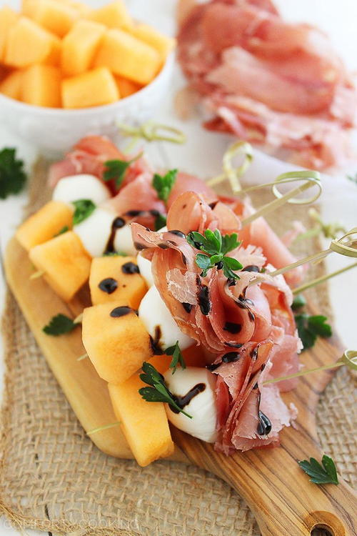 Melon, Proscuitto, and Mozzarella Skewers