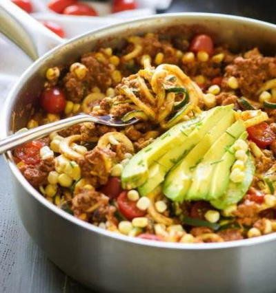 One-Pot Cheesy Taco Zucchini Noodle Skillet