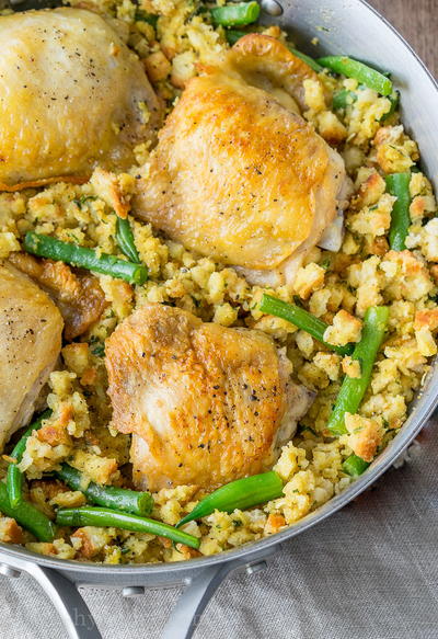 One Skillet Chicken and Stuffing Recipe | FaveSouthernRecipes.com