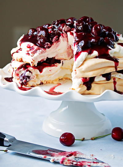 Pavlova with Red Wine Cherry Compote