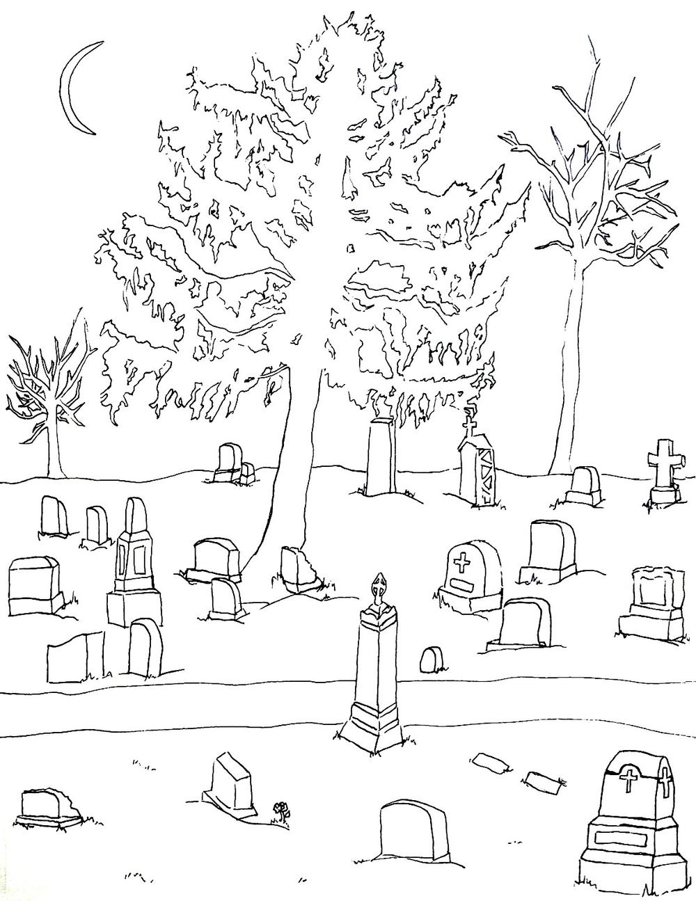 Cemetery Halloween Coloring Page | FaveCrafts.com