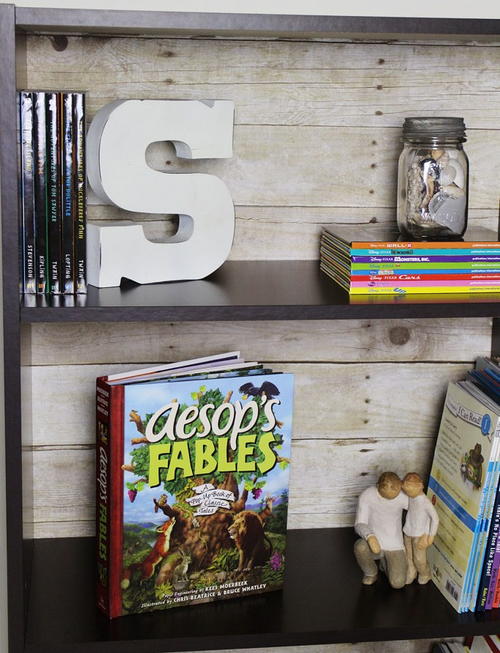 DIY Rustic Faux Wood Backed Bookcase