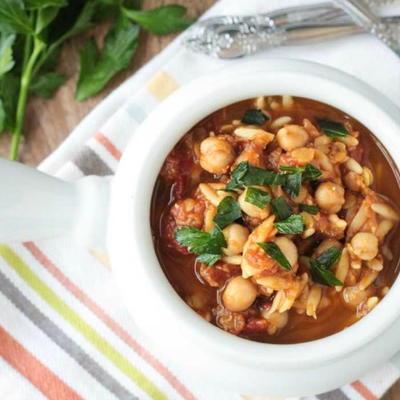 Slow Cooker Red Lentil Stew w/ Chickpeas & Orzo