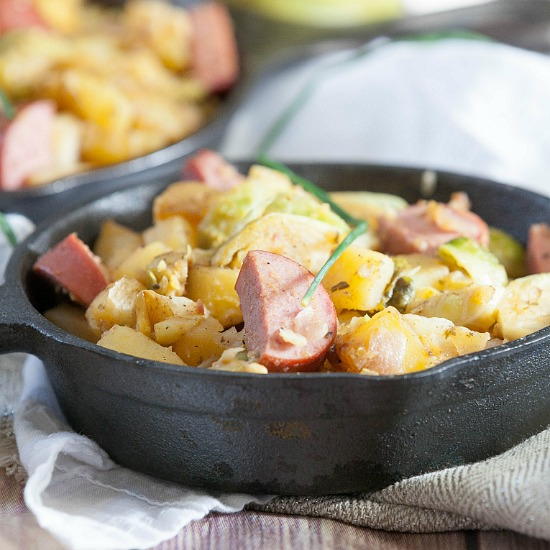 Kielbasa, Brussels Sprouts, Potato & Pear Skillet 