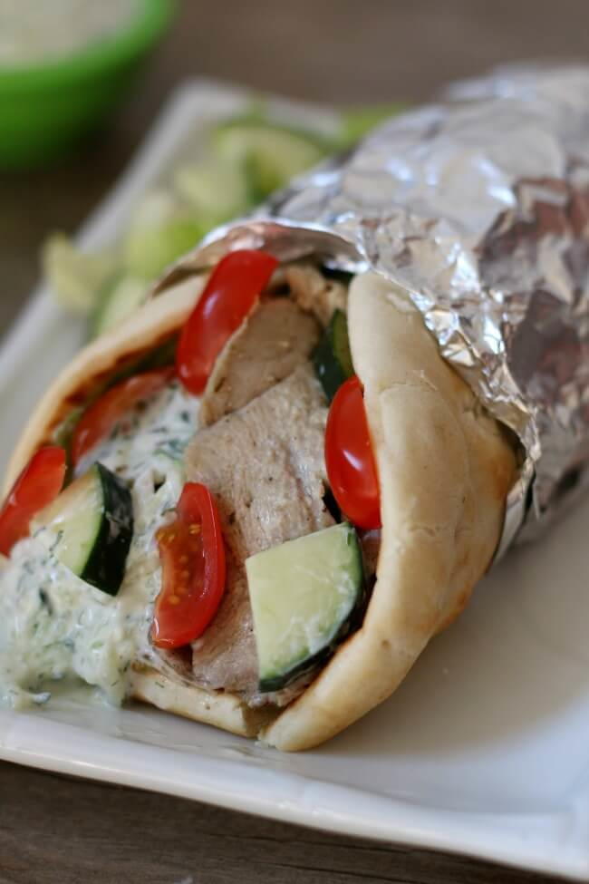 Slow Cooker Pork Gyros with Cucumber Yogurt Sauce