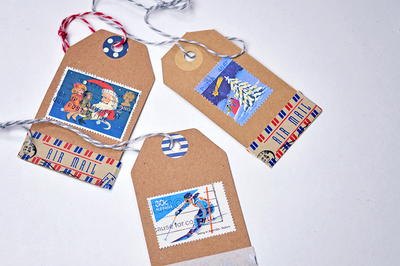 Upcycled Postage Stamp DIY Christmas Tags