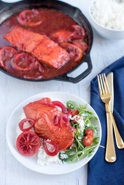 8-Minute Beet Juice Poached Salmon