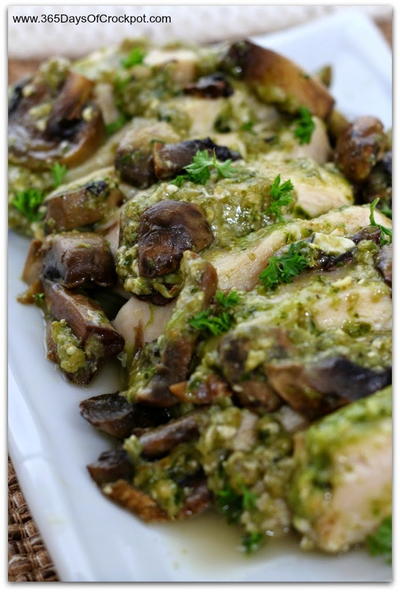 Slow Cooker Cheesy Pesto and Mushroom Chicken