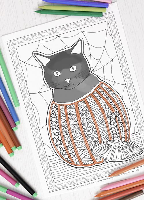 Pumpkin Cat Halloween Coloring Page