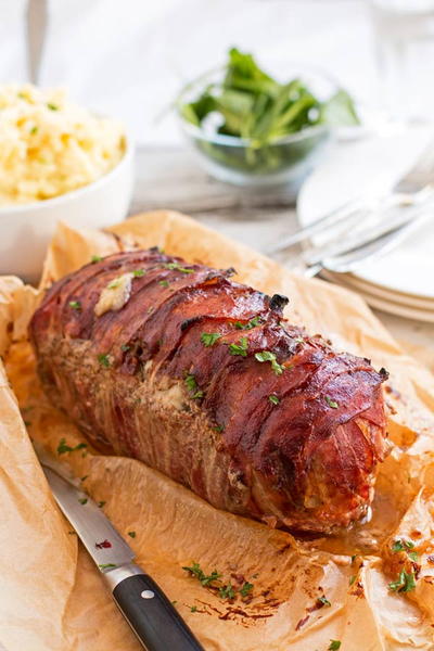 Mozzarella Stuffed Bacon Wrapped Meatloaf