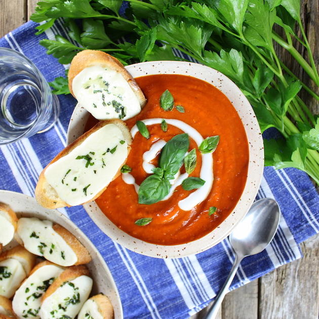 Smoky Harvest Tomato Soup with Mozzarella Crostini