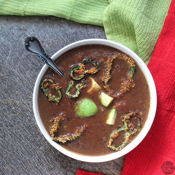 Tomato Black Bean Soup with Crispy Air Fried Poblano Pepper Rings