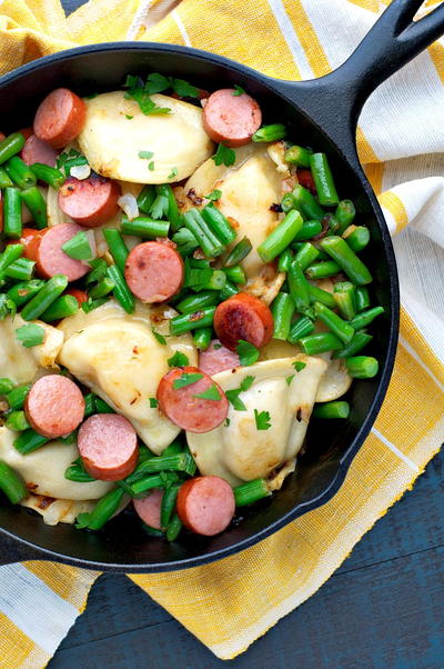 One Skillet Kielbasa Sausage and Pierogies