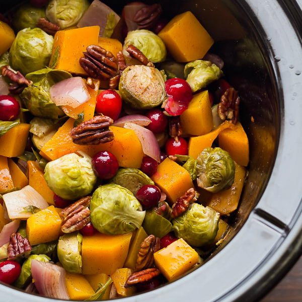 Slow Cooker Brussels Sprouts with Cranberries, Pecans and Butternut