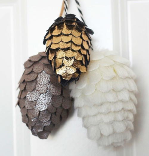 Pleather and Faux Fur Pine Cone Ornaments