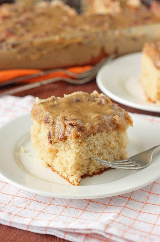 Southern Bourbon Butter Pecan Sheet Cake | FaveSouthernRecipes.com