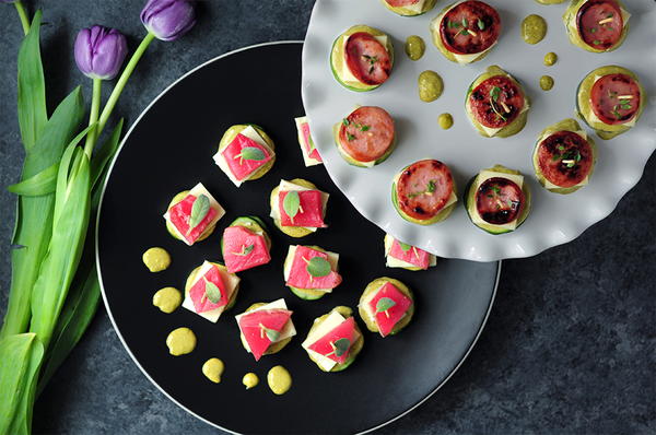 Tuna-Cucumber and Sausage-Zucchini Stackers