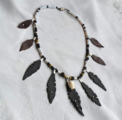 Leather Feather Beaded Necklace