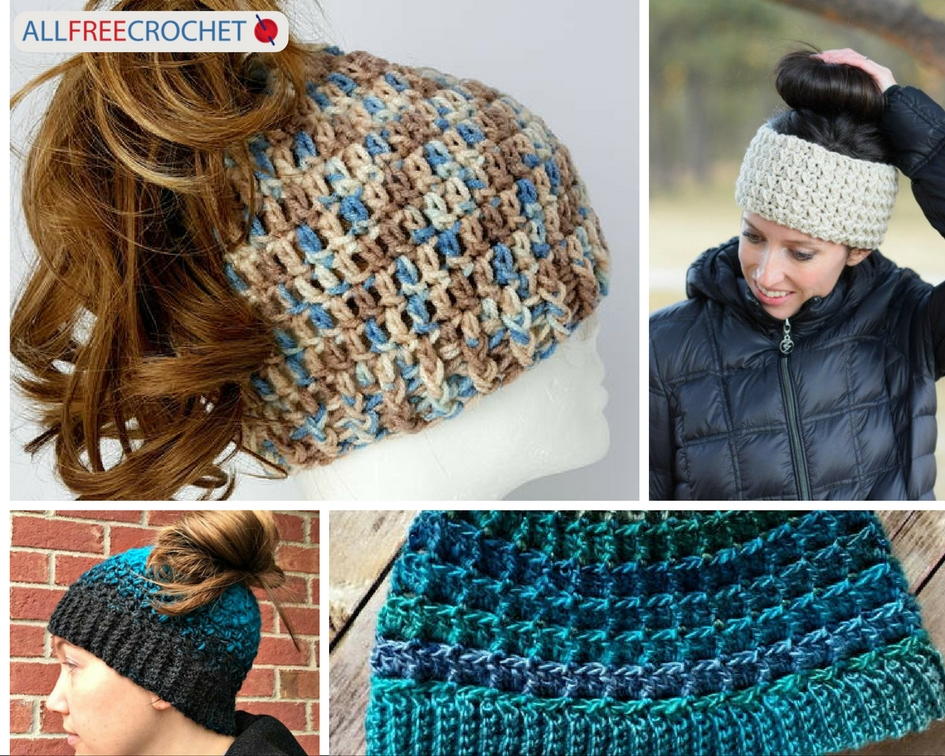 32 Crochet Messy Bun Hat Patterns | AllFreeCrochet.com