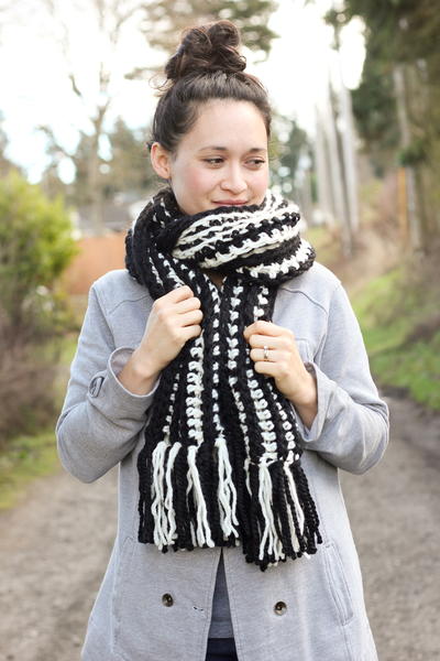 Striped Ribbed Fringe Crochet Scarf