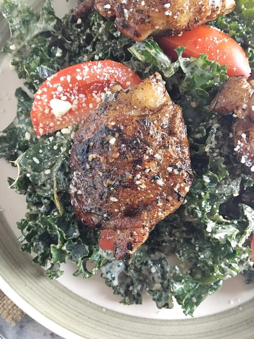 Balsamic Rosemary Chicken Thighs with Kale Caesar Salad