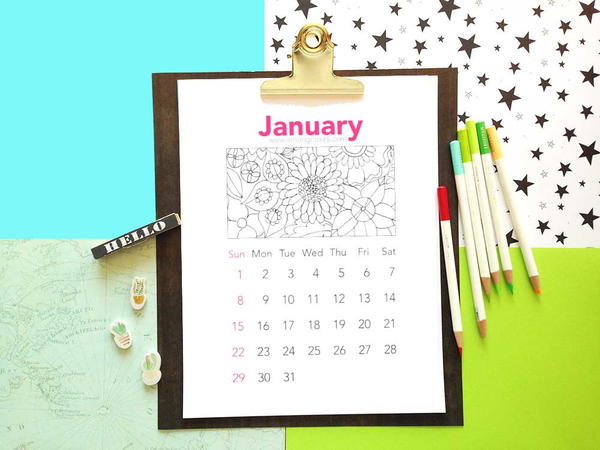 Printable coloring calendar 2017: January