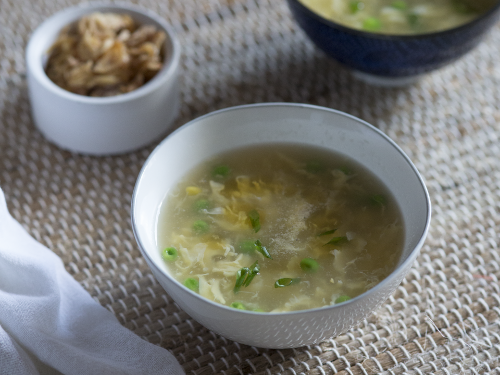 Egg Flower Soup with English Peas and Sweet Corn