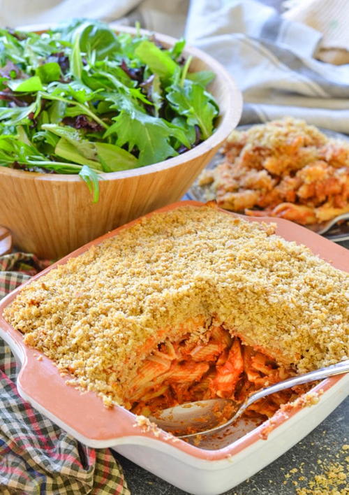 Tomato Pasta Bake with Garlicky Crumb Topping 