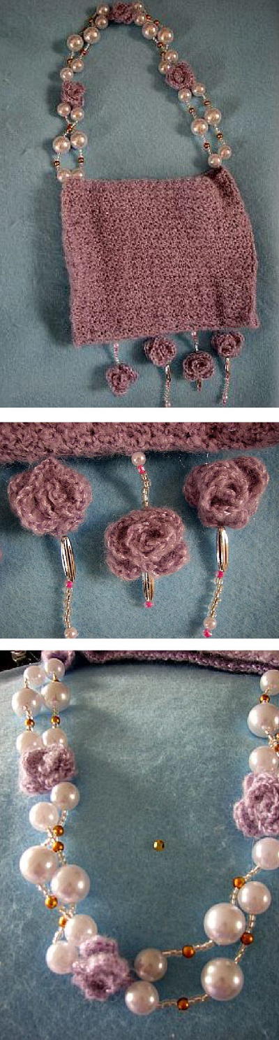 Lilac Purse with Pearl Beads and Crochet Roses