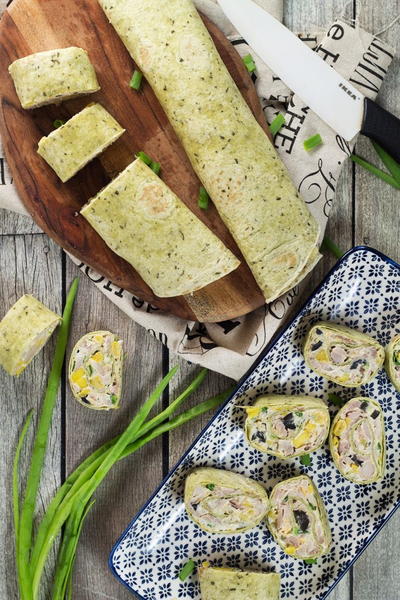 Chicken Cream Cheese Pinwheels with Mango, Corn, and Olives