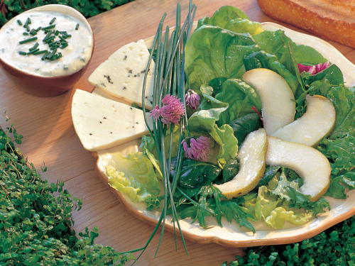 Hearty Greens with Pears Blue Cheese and Chives