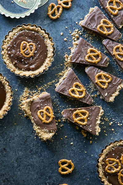 Pretzel, Caramel, and Milk Chocolate Tart