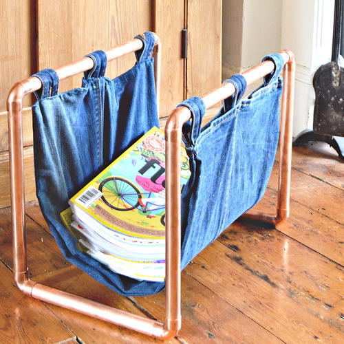 DIY Upcycled Denim and Copper Magazine Rack | DIYIdeaCenter.com