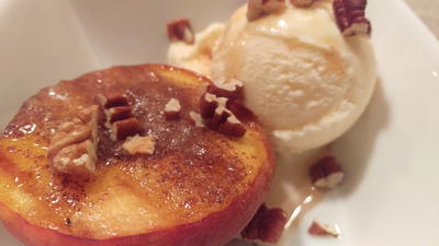 Grilled Peaches with Toasted Pecans & Ice Cream