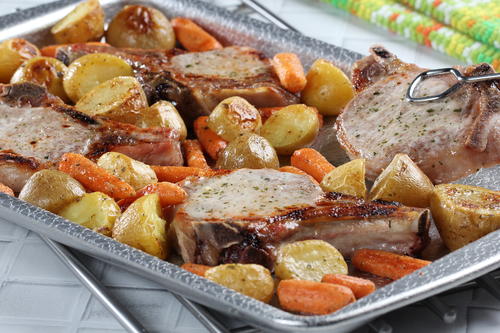 Sheet Pan Dinner Pork Chops With Potatoes And Onions In Oven Baked