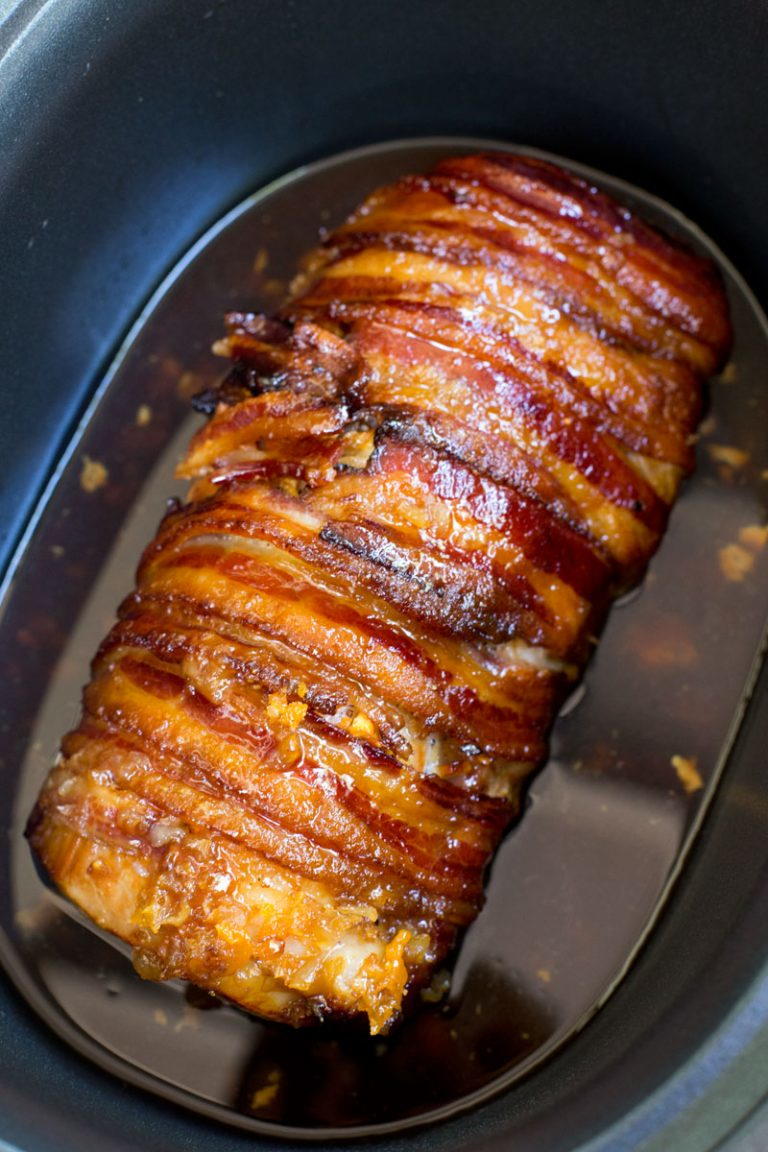 Slow Cooker Bacon Garlic Pork Loin | FaveSouthernRecipes.com