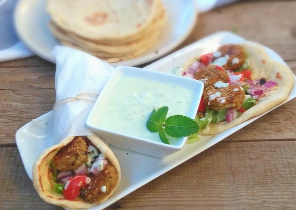 Falafel with Tzatziki in Homemade Greek Pita Flatbreads