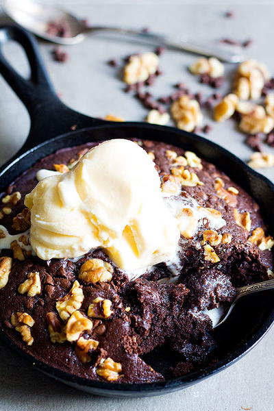 Double Chocolate Walnut Skillet Brownie