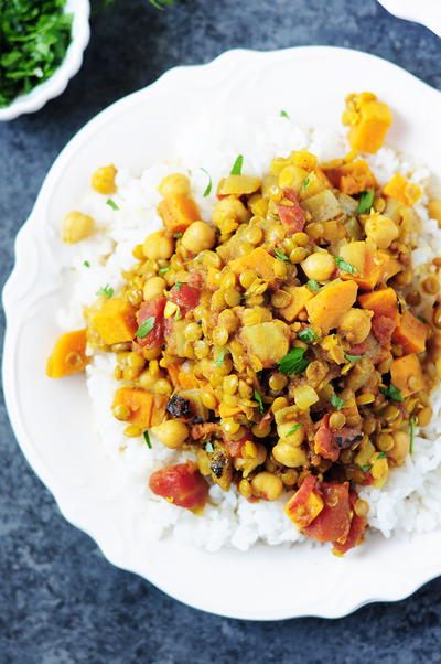 Curried Lentils with Sweet Potatoes and Chickpeas