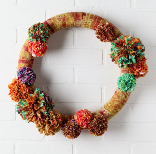 Tie Dyed Pom Poms Fabric Wreath