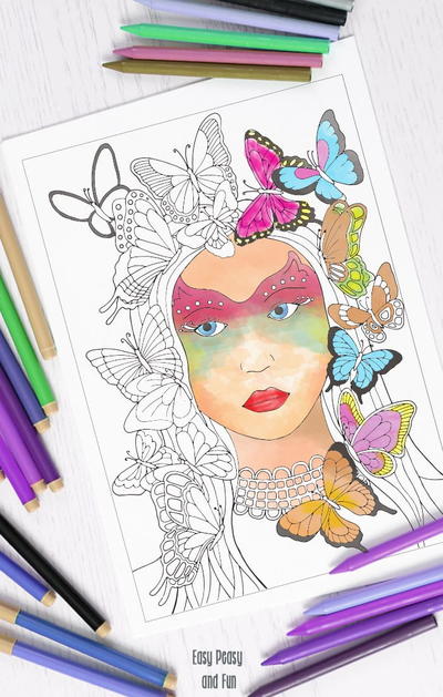 Lady Butterfly Adult Coloring Page