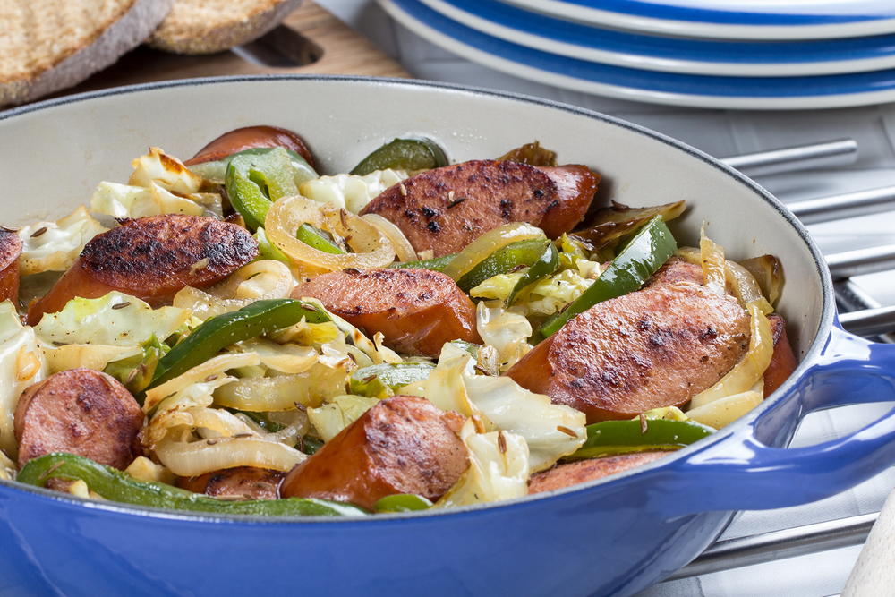 Skillet Sausage 'n' Cabbage, sausage and cabbage, kielbasa sausag...